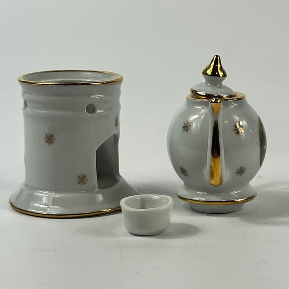Limoges Miniature Teapot With Warmer Stand France White Mini Gold Trim Vintage - Picture 5 of 8